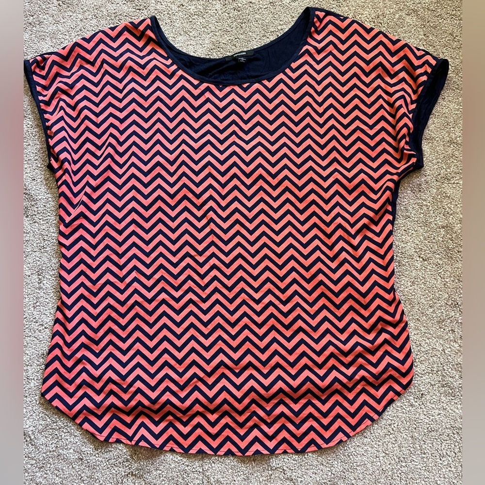 Salmon and navy dolman short sleeve blouse